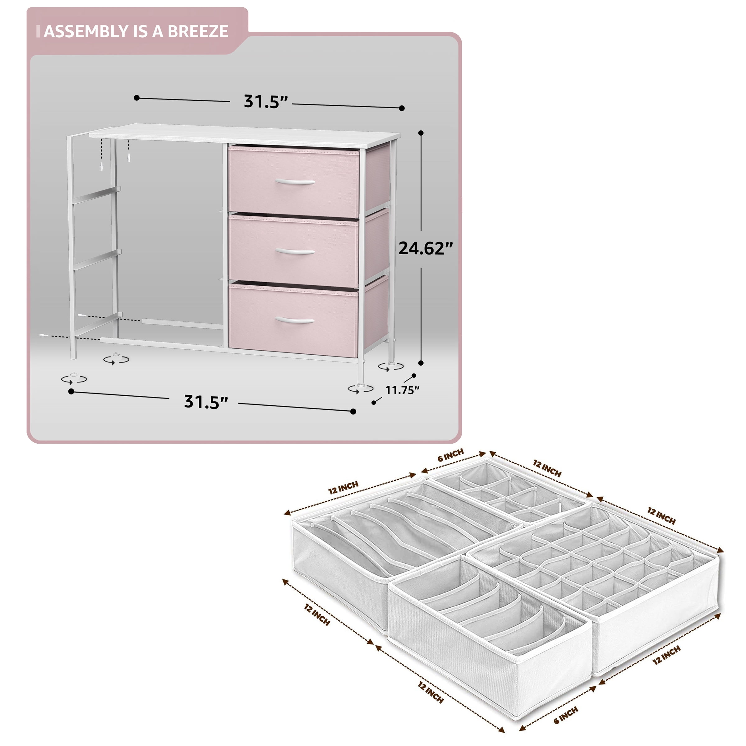 Sorbus 6-Drawer Nightstand with Foldable Fabric Drawer Dividers: Ideal for Kids Bedroom, Nursery