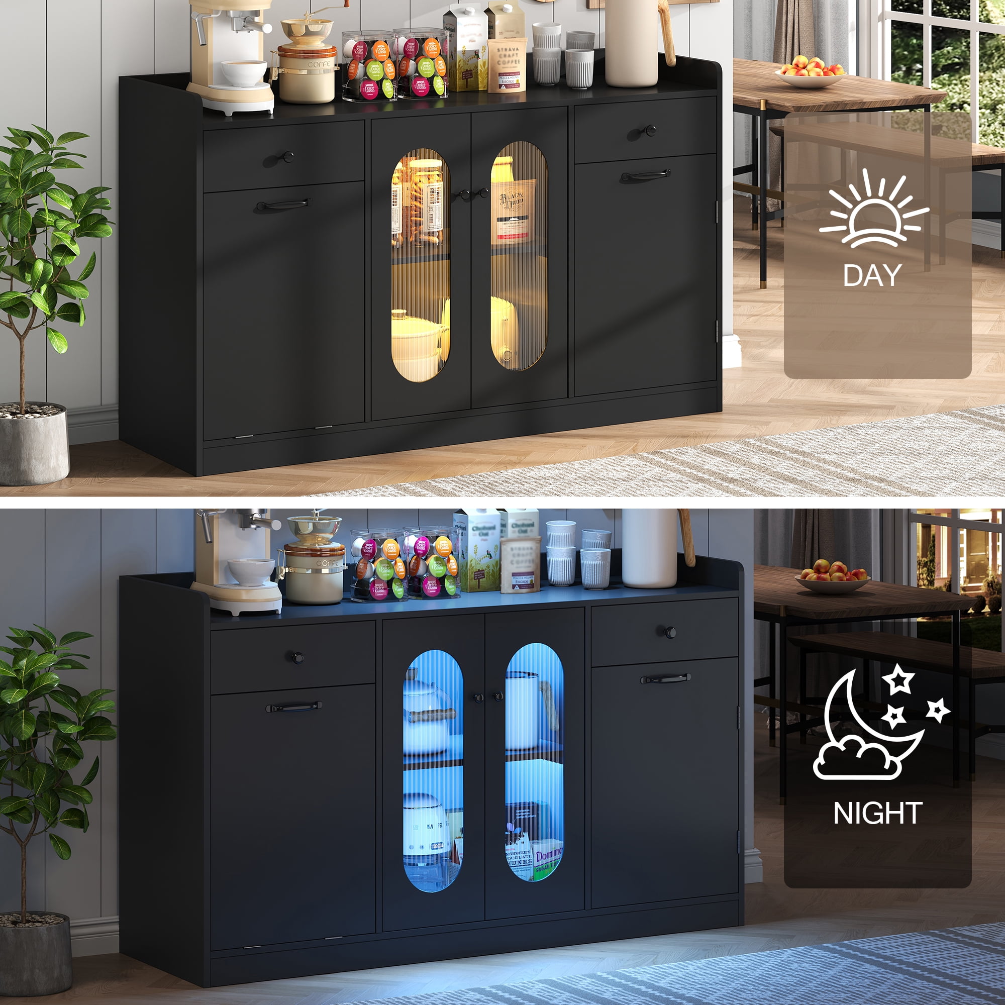 54'' Large Kitchen Island With Tilt Out Trash Can Cabinet And Adjustable Shelves, Kitchen Furniture With Led Light And 2 Drawers