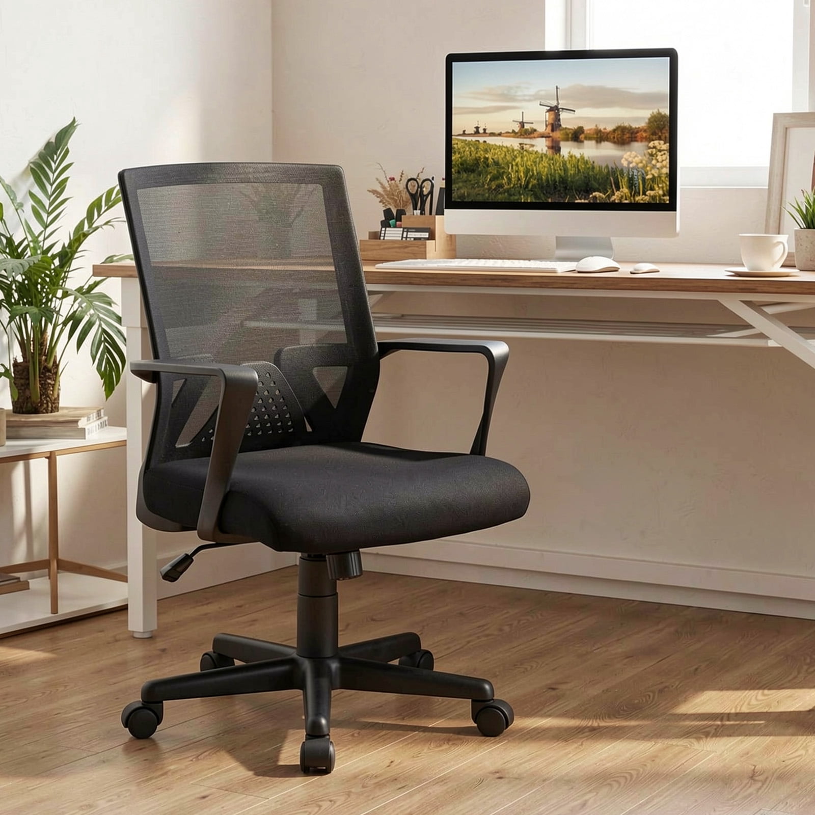 Furnibear Ergonomic Mesh Office Chair Mid Back Desk Chair with Lumbar Support, Rocking Function, Adjustable Computer Chair for Home Office, Black