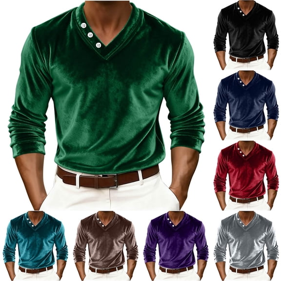 DIOAZUD Men's Velvet Shirt V Neck Soft Cozy Work Office Velvet Tops Solid Color Long Sleeve Shirts Loose Fit Night Out Party Top