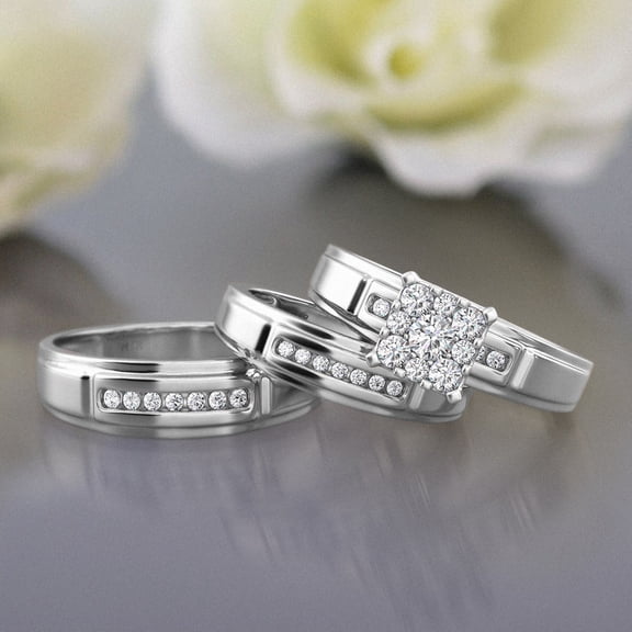 Sparkle Jewels 14K White Gold Finish Trio Ring Set with CZ Stones – 3-Piece Bridal Wedding and Engagement Rings