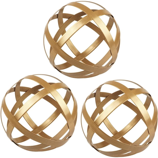 Juego de 3 esferas decorativas de metal dorado, esfera decorativa con banda de metal, decoración moderna para el hogar,Dorado