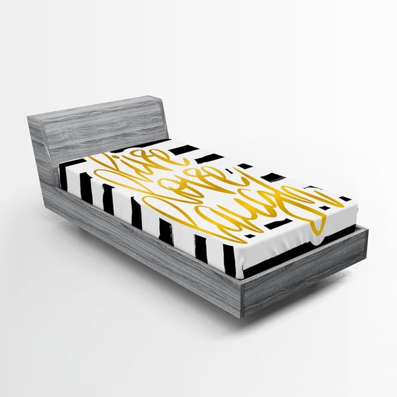 Ambesonne Live Laugh Love Fitted Sheet, Stripes Text, Twin Size, Yellow White and Black