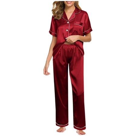 

Fimkaul Women s Lingerie Pajama Set Plus Size Nightwear Robe Underwear Suit Satin Short Sleeved Tops And Trousers Loose Nightgowns Sleepwear Red XL