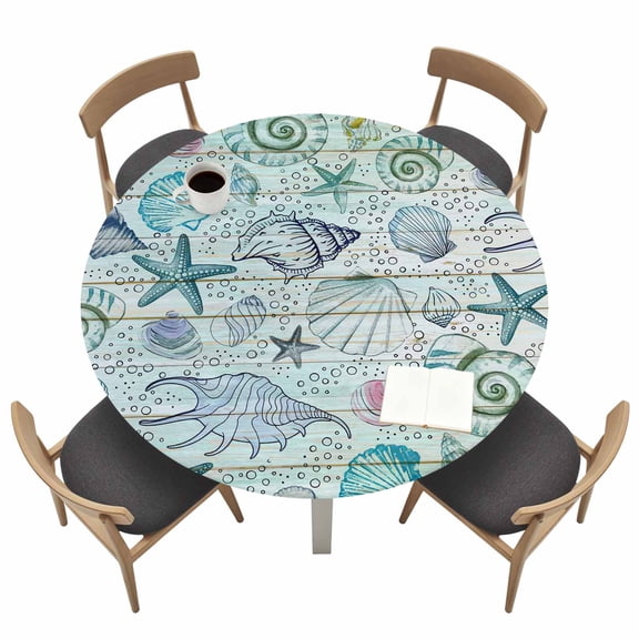 Teal Blue Coastal Fitted Tablecloth with Elastic Edged, Round Table Cloth for Dining Table, Nautical Starfish Shells Ocean Sea Waterproof Oil Proof Table Cover for Indoor Outdoor 36"-44"