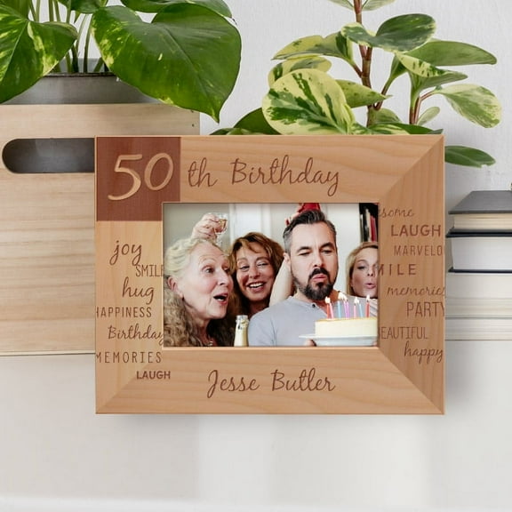 Joy Smile Hug Happiness Birthday Personalized Wooden Frame-5" x 3 1/2" Brown Horizontal