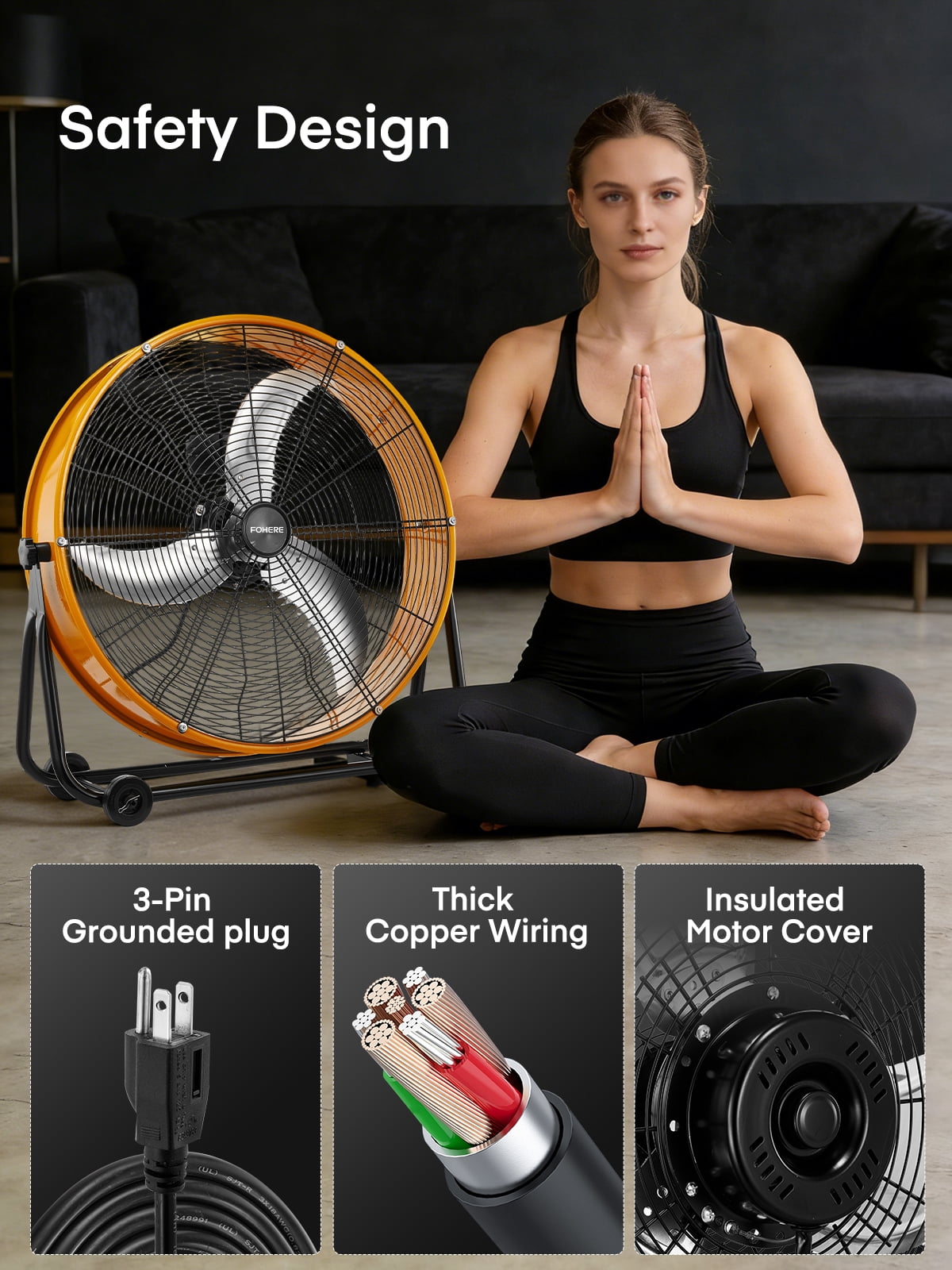 FOHERE 24 Inch High Velocity Industrial Drum Fan, 8500 CFM Heavy Duty Metal Floor Fan with Wheels, 360° Tilt 3-Speed Shop Fan, Portable Barn Fan with Wide Handle for Warehouse, Garage, Factory, Gym