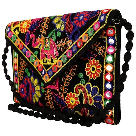 Swadeshi Desire Clutch Bags for Women Jaipuri Rajasthani Handmade Embroidery Mirror Work Stylish Sling Bags for Women Cross Body Bags for Ladies and Girls