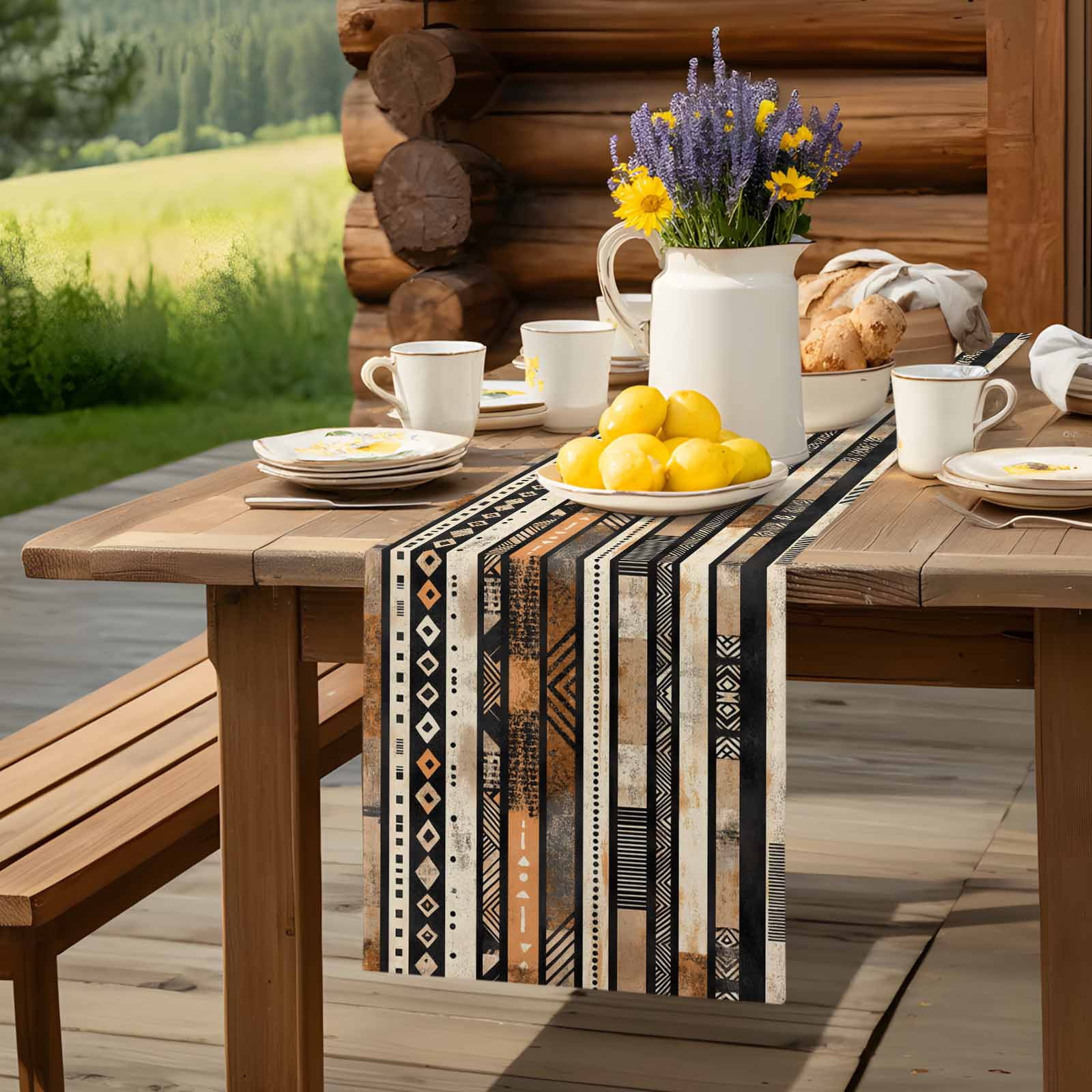 Abstract Ethnic Geometric Stripes Table Runner 90 Inches Long, Boho Tribal Totem Lines Table Runners Tabletop Scarf Kitchen Dining Tables Decoration for Home Party Indoor Outdoor