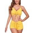 thumbnail image 1 of Traje de baño para mujer, traje de baño de 2 piezas con cuello en V acanalado, correa de espagueti, bikini con cordón frontal acolchado, traje de baño amarillo M, 1 of 6