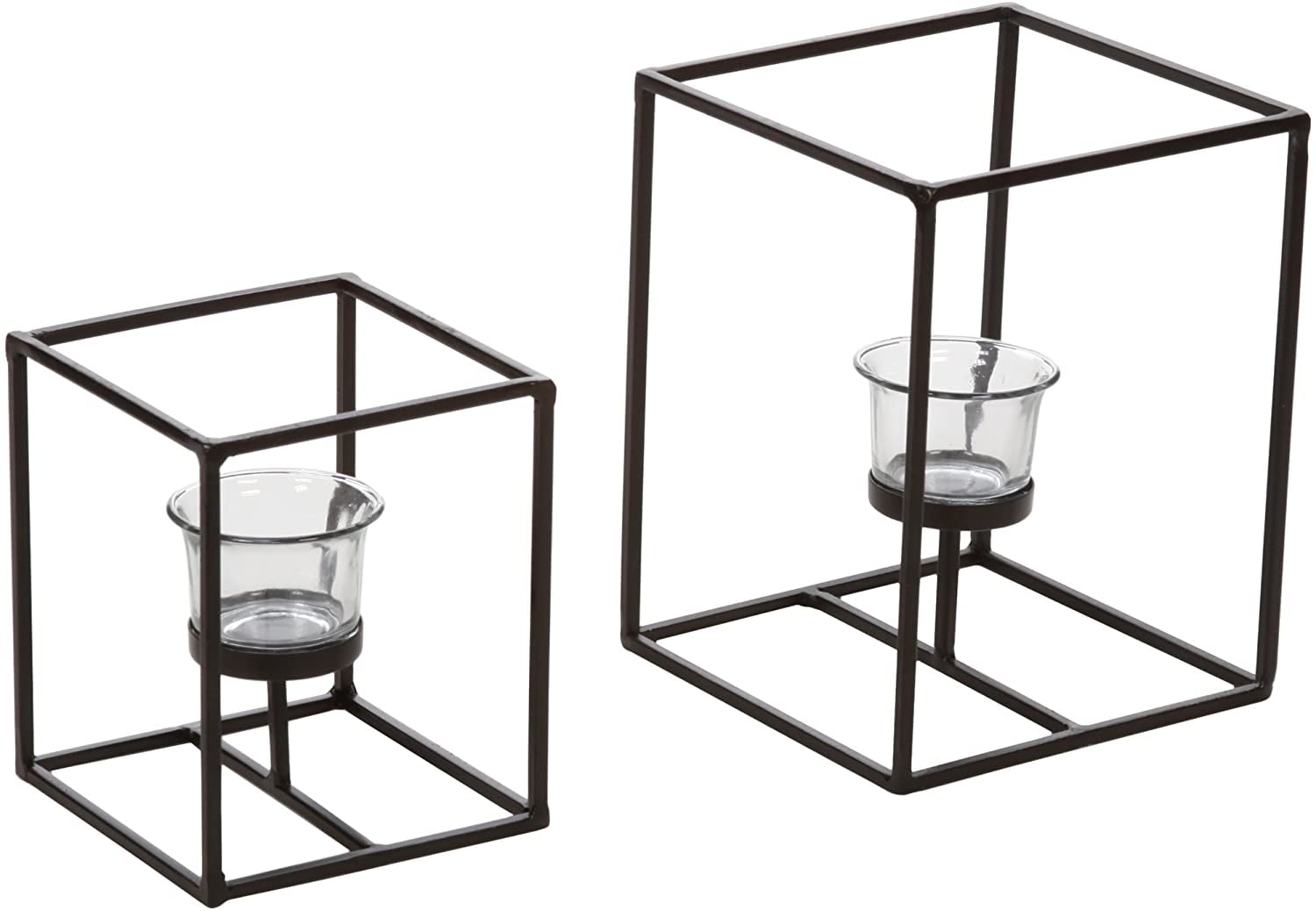 Hosley Set of 2 Modern Art Style Black Metal Candle Holders with Clear Glass Tealight Holders