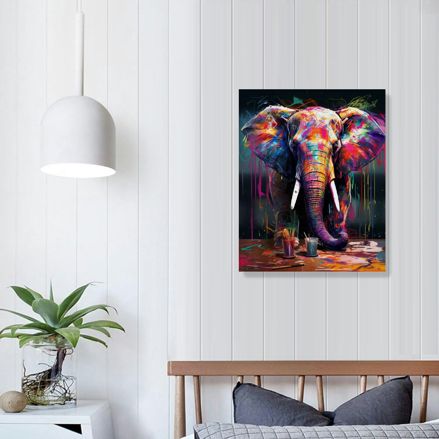 EastSmooth Elephant Wall Art Colorful Abstract Canvas Poster Wall Decor Graffiti Elephant Picture Painting Artwork for Home Kitchen Bathroom Bedroom Decoration Wooden Framed Ready to Hang