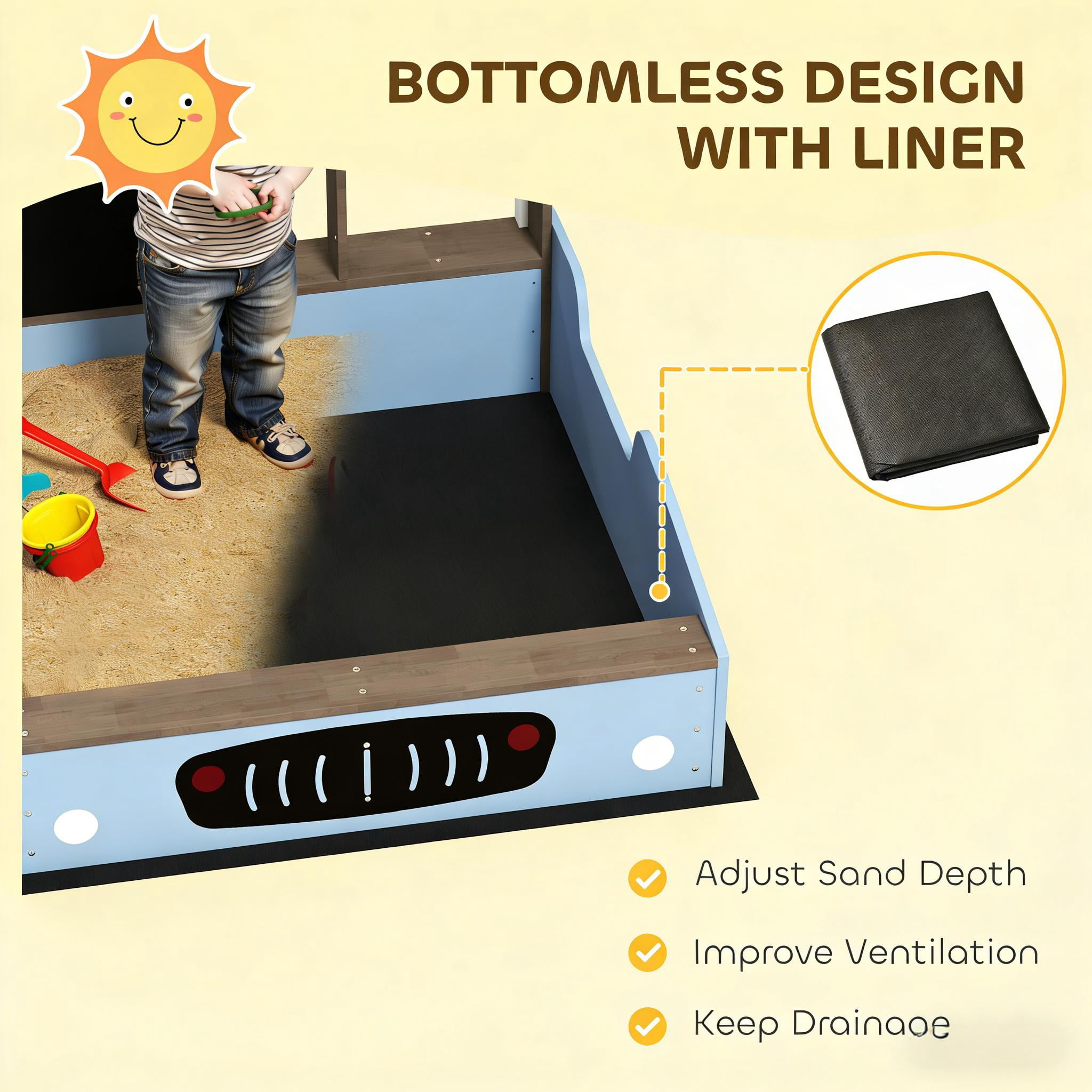 Kids Wooden Sandbox Grocery Store Play Station with UV Canopy, Drawing Board & Planting Boxes, Outdoor Fir Wood Sand Pit with Bench Seat for Ages 3-7
