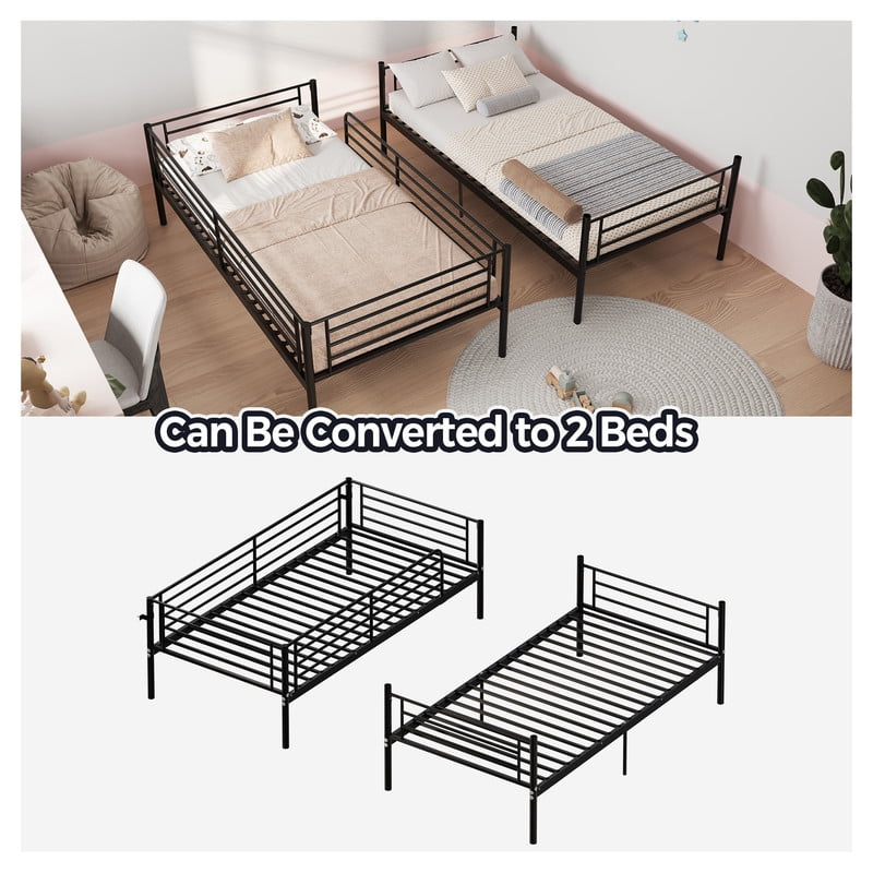 Twin Over Twin Metal Bunk Bed with Ladder, High Guardrails, Under-bed Storage, Noise-Free Design, Convertible to 2 Twin Beds