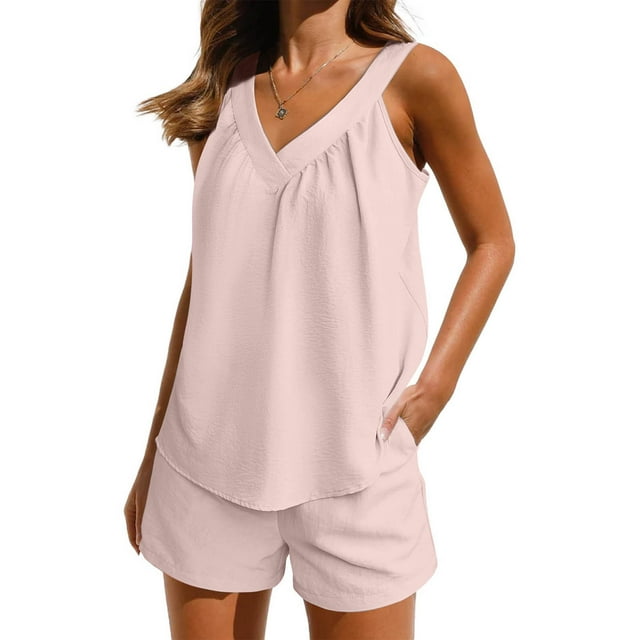 Ensemble de Pyjama pour Femmes 2 Pcs, Haut à Manches Courtes et Shorts, Col en V Doux avec Poches
