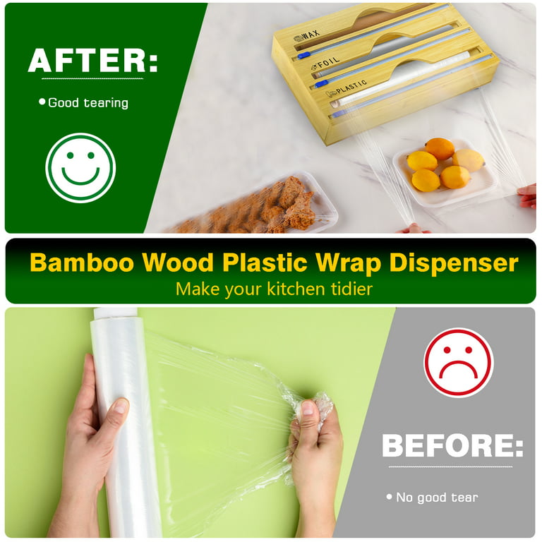 FVSA Bamboo Plastic Wrap Dispenser with Cutter, 3 in 1 Storage
