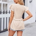 thumbnail image 4 of Camiseta con cuello en V para mujer, manga corta, patrón de puntos, cintura con volantes, cierre de botón, camiseta informal de verano, albaricoque M, 4 of 6