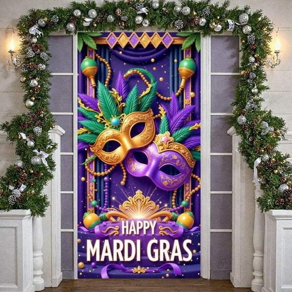 Purple Gold Green Mardi Gras Banner Feather Decorated Carnival Display Beaded Trim Ornate Mask Festive Backdrop for Mardi Gras Celebration Carnival Party Masquerade Event