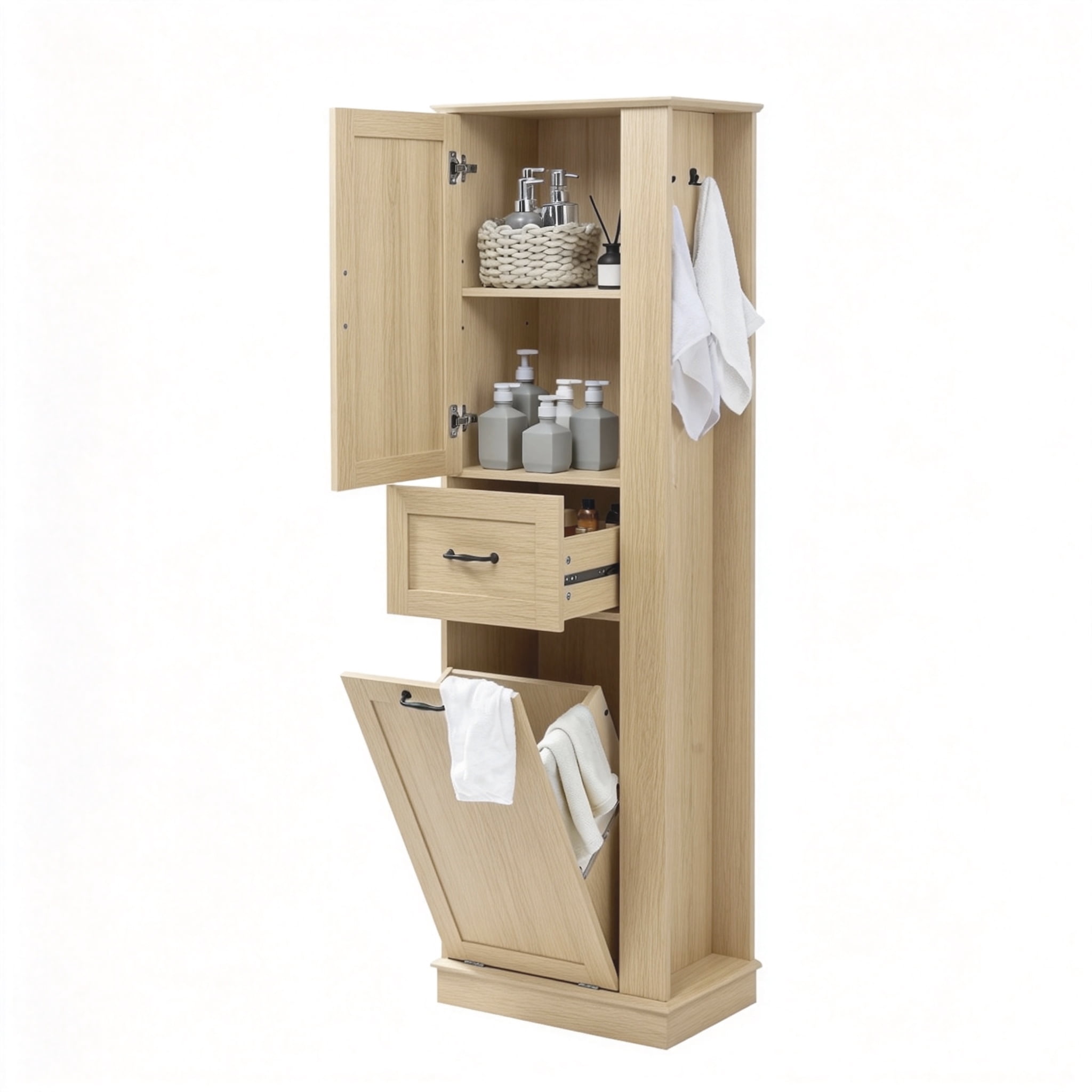 Modern Tall Storage Cabinet – Tilt-Out Compartment, Adjustable Shelves, 80LBS Capacity, Soft-Close Hinges, Aluminum Alloy Handles, Perfect for Bathroom & Home Organization