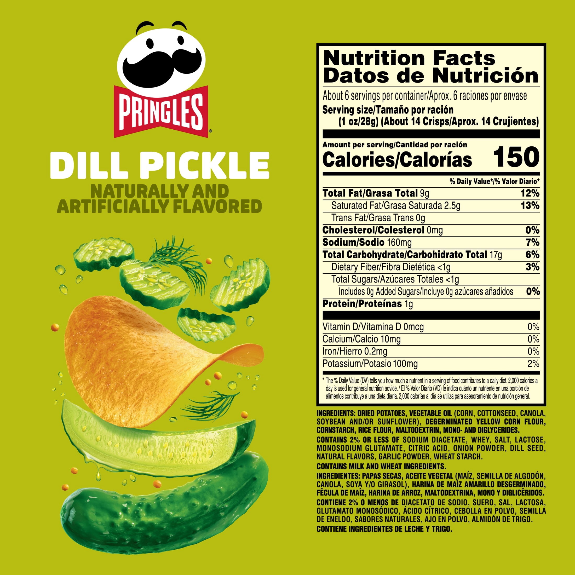 Pringles Dill Pickle Potato Crisps Chips, Lunch Snacks, 5.5 oz Canister