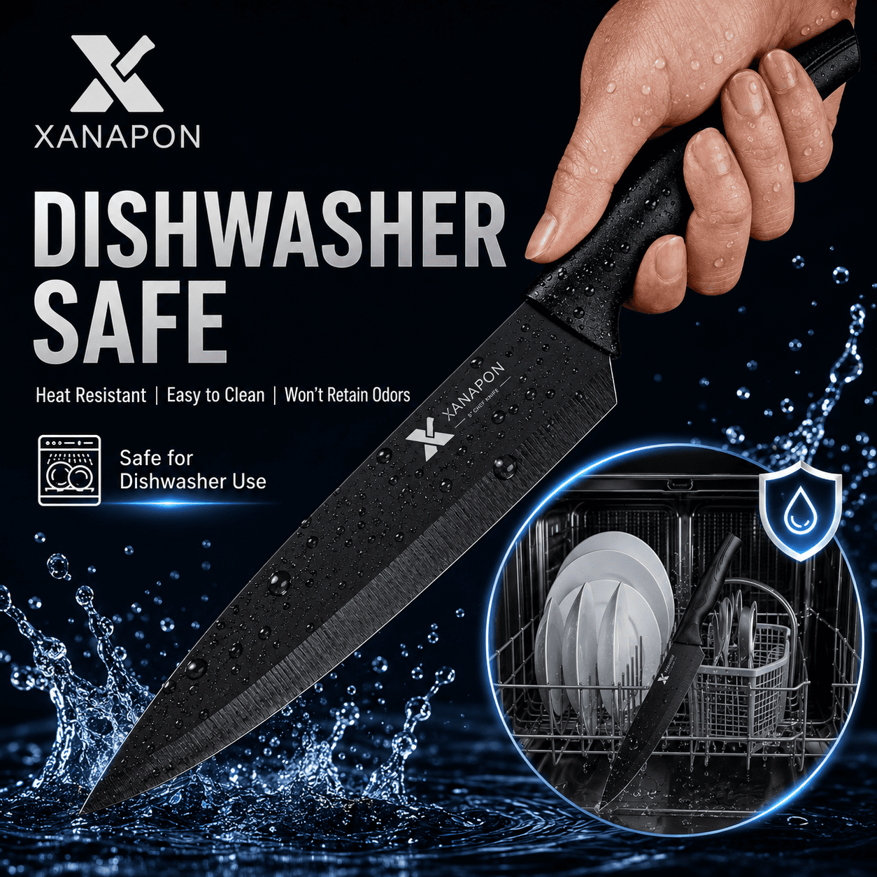Xanapon 13-Piece Knife Set for Kitchen, Built-in Sharpener Block, German Stainless Steel, Dishwasher Safe, Black