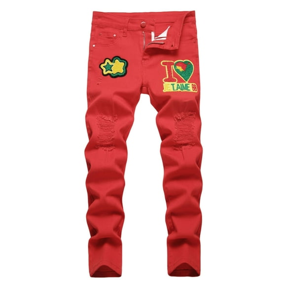 Kiijoy Boys Skinny Distressed Ripped Jeans Embroidery Straight Leg Denim Pants, Sizes 3-4