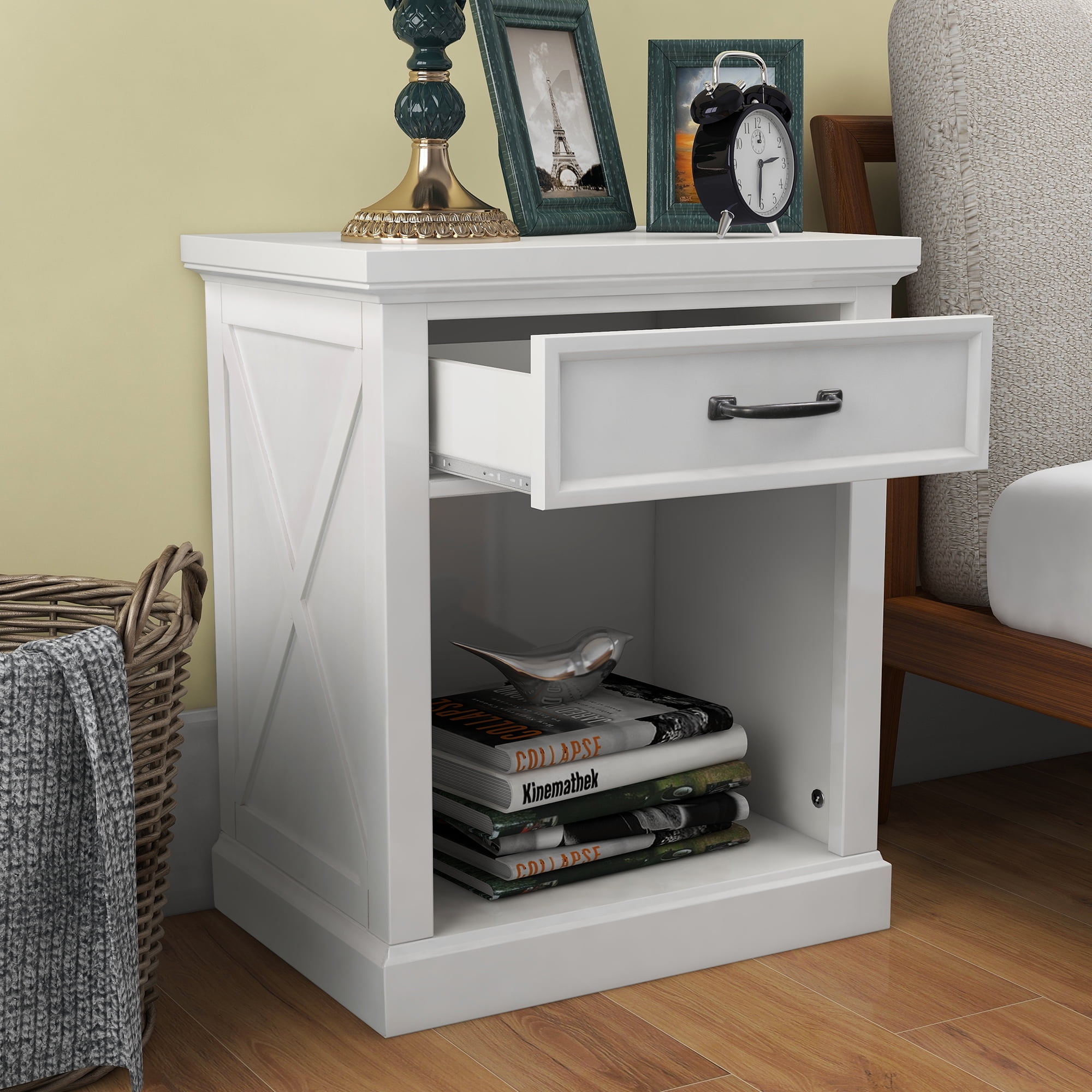 2 Drawers Nightstand Storage Wood End Table Bedside Organizer Modern White 