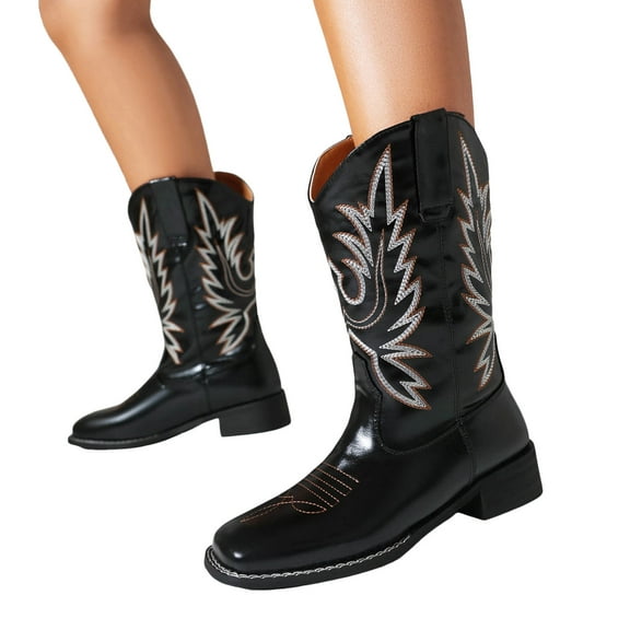Cowboy Boots for Women Embroidered Leather Square Toe Wide Mid Calf Cowgirl Boots Fashion Western Short Dress Boots