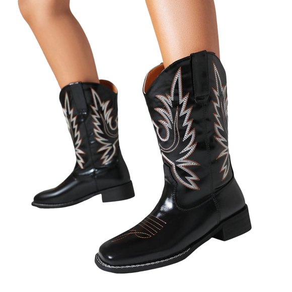 Cowboy Boots for Women Embroidered Leather Square Toe Wide Mid Calf Cowgirl Boots Fashion Western Short Dress Boots