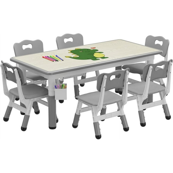 Kids Table and 6 Chairs Set with Storage Box, Height Adjustable Toddler Table and Chair Set for Ages 2-10, Graffiti Desktop, Non-Slip Legs, Children Activity Table for Daycare Classroom Home