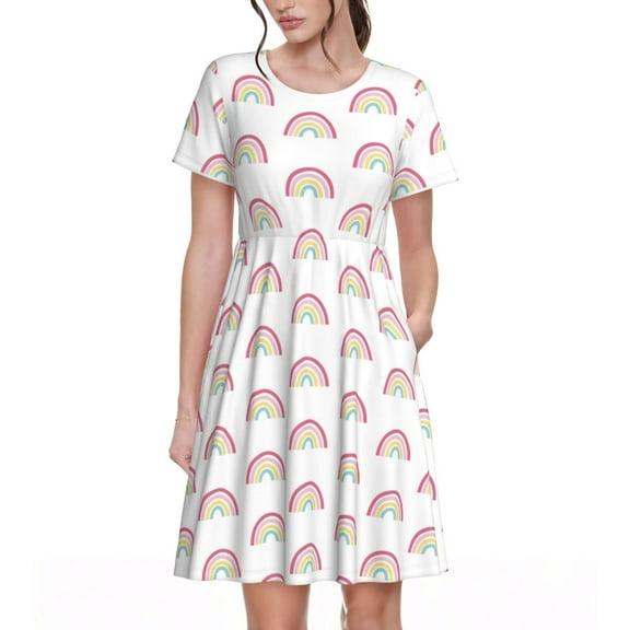 Ratiio Rainbow Print Women's Short Sleeve Dress - Casual A-Line Dress with Side Pockets, Elastic Waist, Comfortable and Breathable Summer Dress