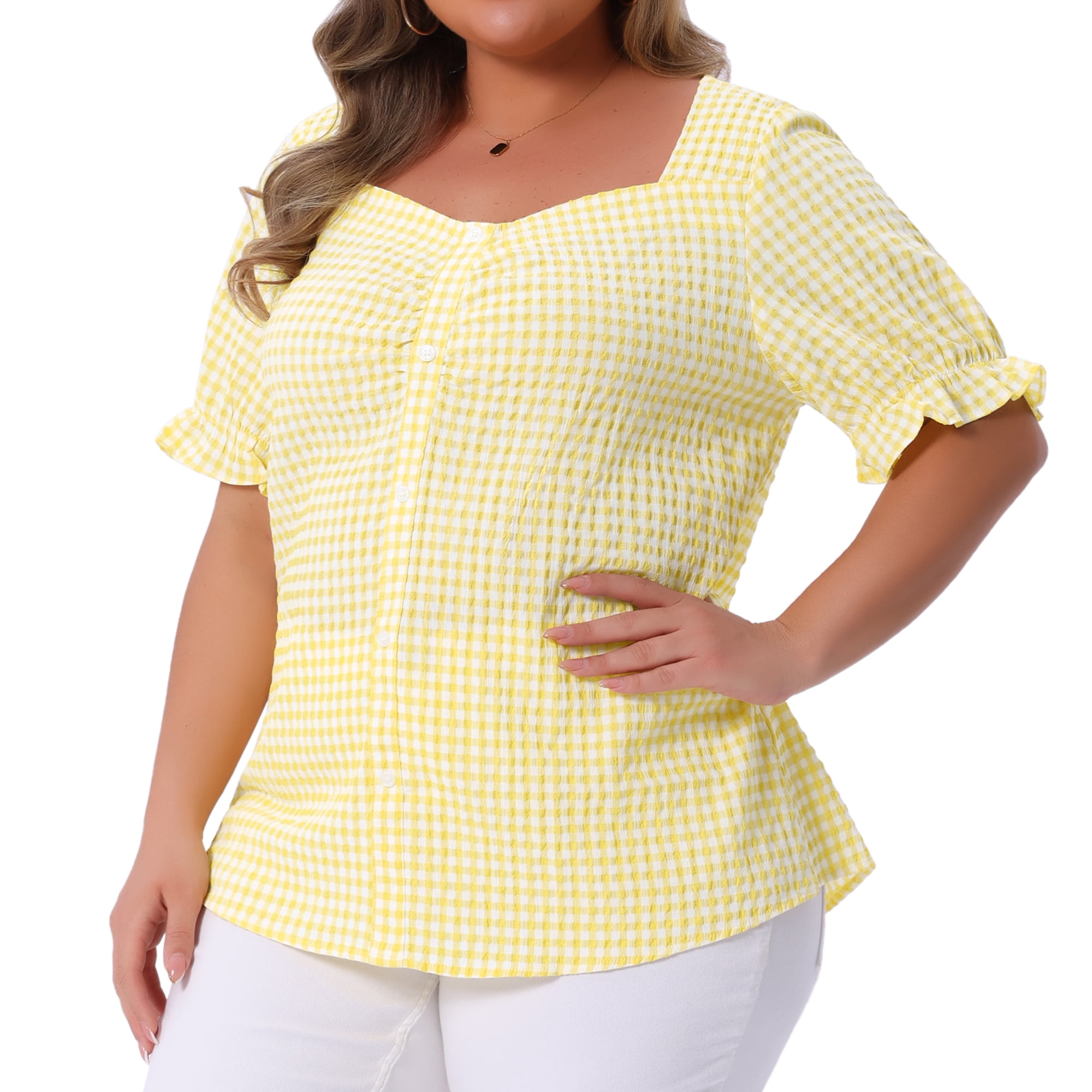 DARING DIVA Women's Plus Size Sweetheart V Neck Puff Short Sleeve Blouse 1X Light Yellow