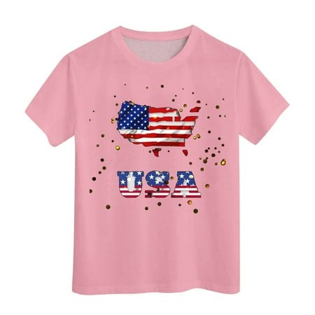 LUOGENLI Summer Tops for Girls 2024 Trendy Built in Bra ChildShort Sleeved Comfortable and Soft Independence Day Printed Top T Shirt Teen Tops for Girls 14-16 Trendy 10-11 Years