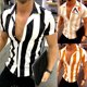 thumbnail image 2 of Am Casual hombres Turn Down cuello manga corta Vertical rayas botones Slim camisapangjing, 2 of 4