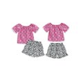 thumbnail image 3 of Aojekbee Little Girls Summer 2PCS Sets Short Sleeve Off Shoulder Tops Cow Print Shorts Sets, 3 of 10