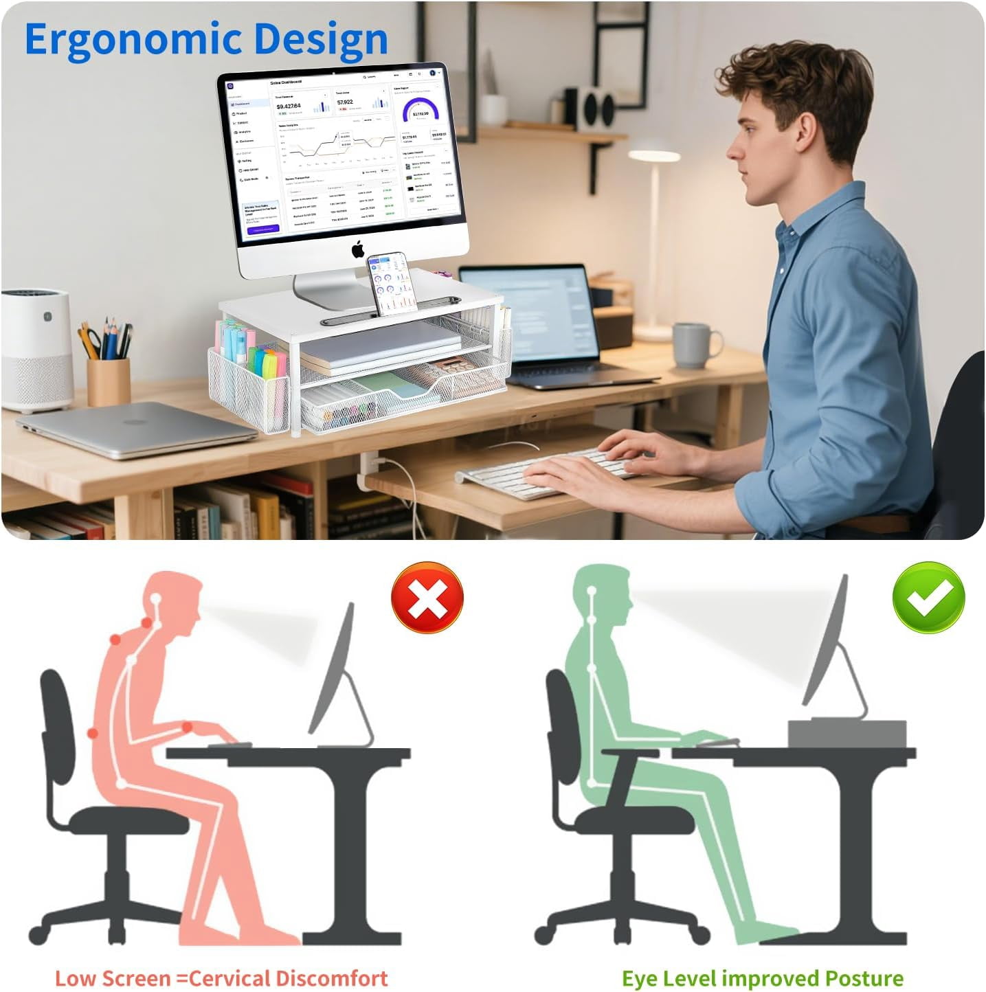 Wood Desk Organizers and Accessories, 2-Tier Computer Monitor Stand with Drawer, Pen Storage & Tablet Phone Holder, Office Desk Accessories, Workspace Desktop Organization for Office Supplies（Brown）
