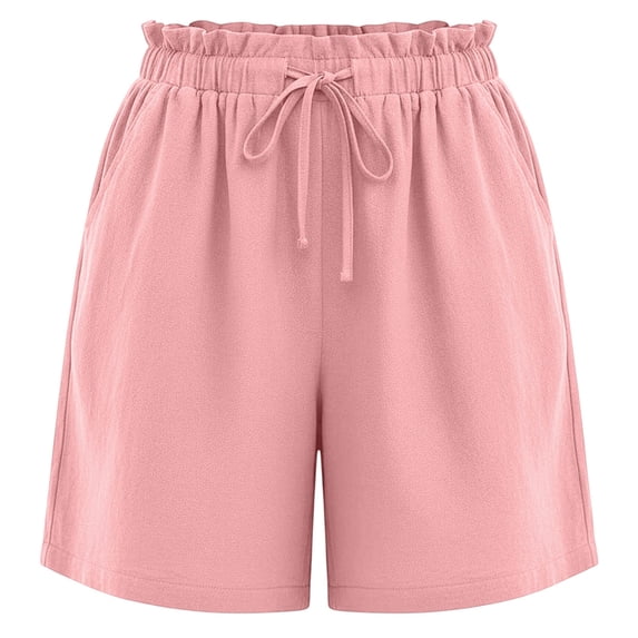 Linen Tops for Women's Wide Leg Shorts Fashion Comfy Drawstring Elastic Waist Loose Shorts Lightweight Faux Linen Shorts with Pockets ,Pinks,L