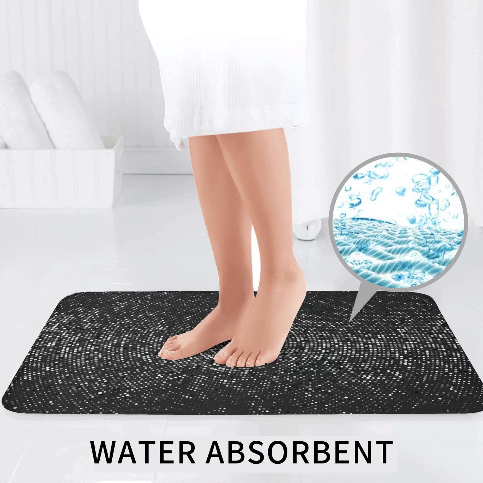 Bathroom Rugs Sets 3 Piece - Black And White Dotted Absorbent Non Slip Bath Mats, U-Shape Toilet Lid Cover, Contour Mat, Soft Washable Shower Mats Bath Rug Mat for Bathroom Tub Toilet