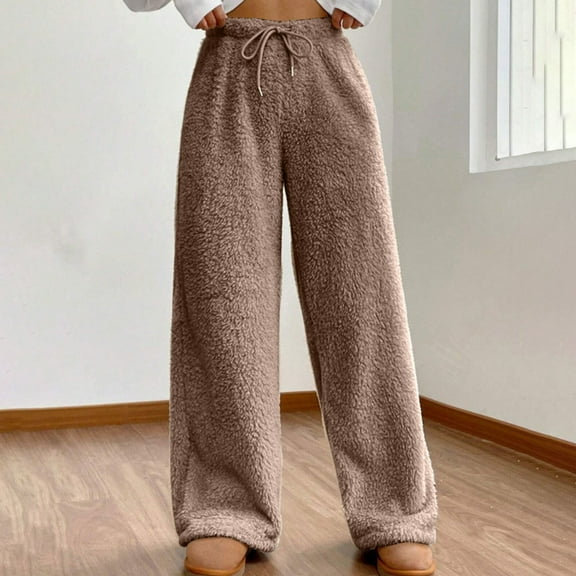 Simua Women's Fuzzy Plush Pajama Pants Drawstring Elastic Waist Wide Leg Pj Bottoms Lounge Pants Brown XL