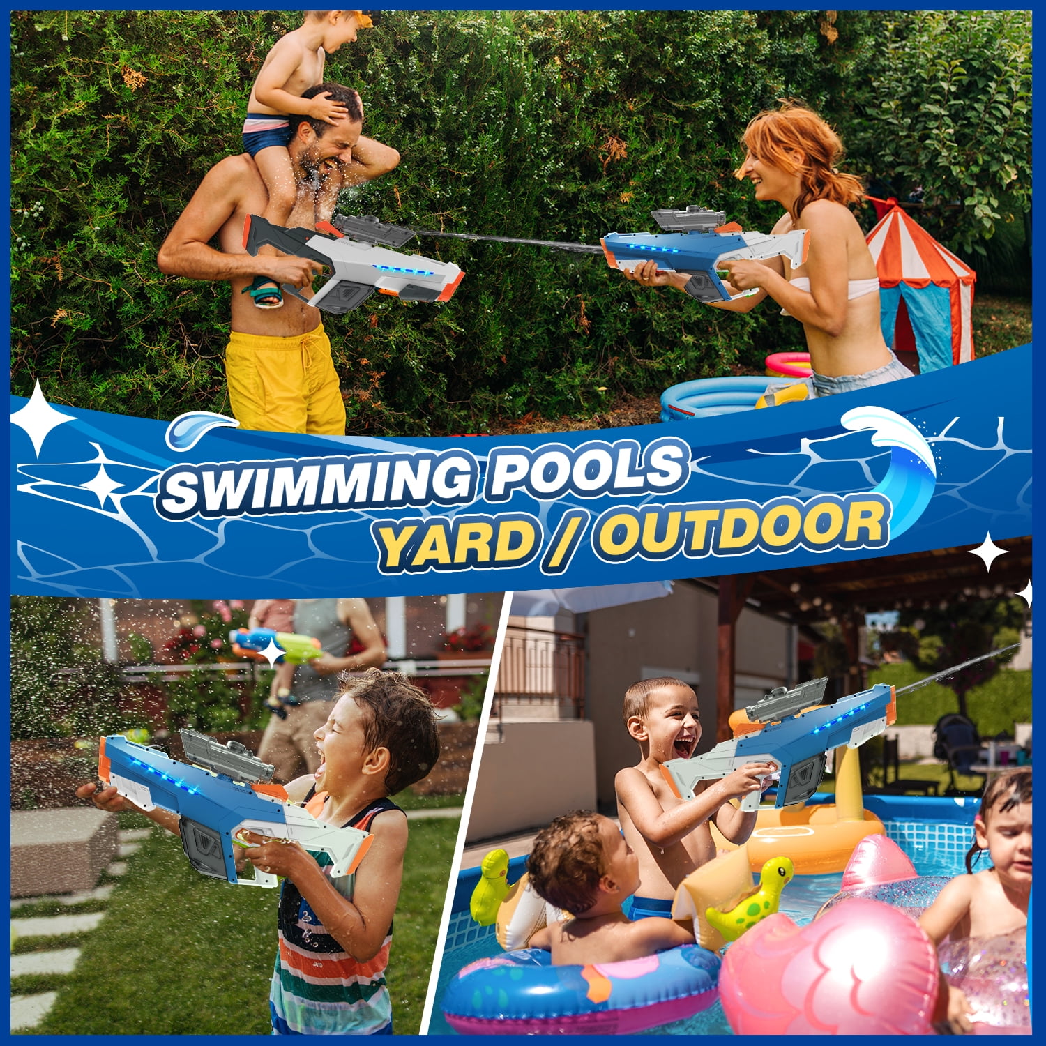 JoyStone Electric Water Blaster with Light, Automatic Manual Suction 2-in-1 Water Blaster for Adult Kids, Squirt Blaster 39 Ft Range, Pool Beach Outdoor Party Toys, Blue