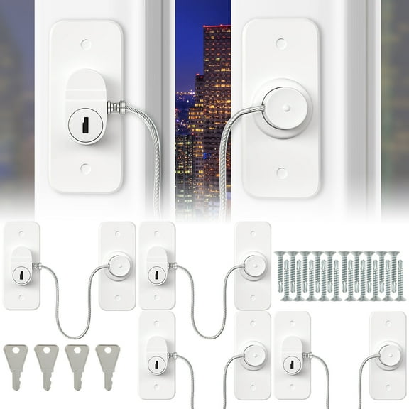4Pcs Window Safety Lock Self Adhesive Window Restrictor Baby Safety Window Locks with Screws and Key Sturdy Childproof Security Lock Prevent Children Falling for Home Window