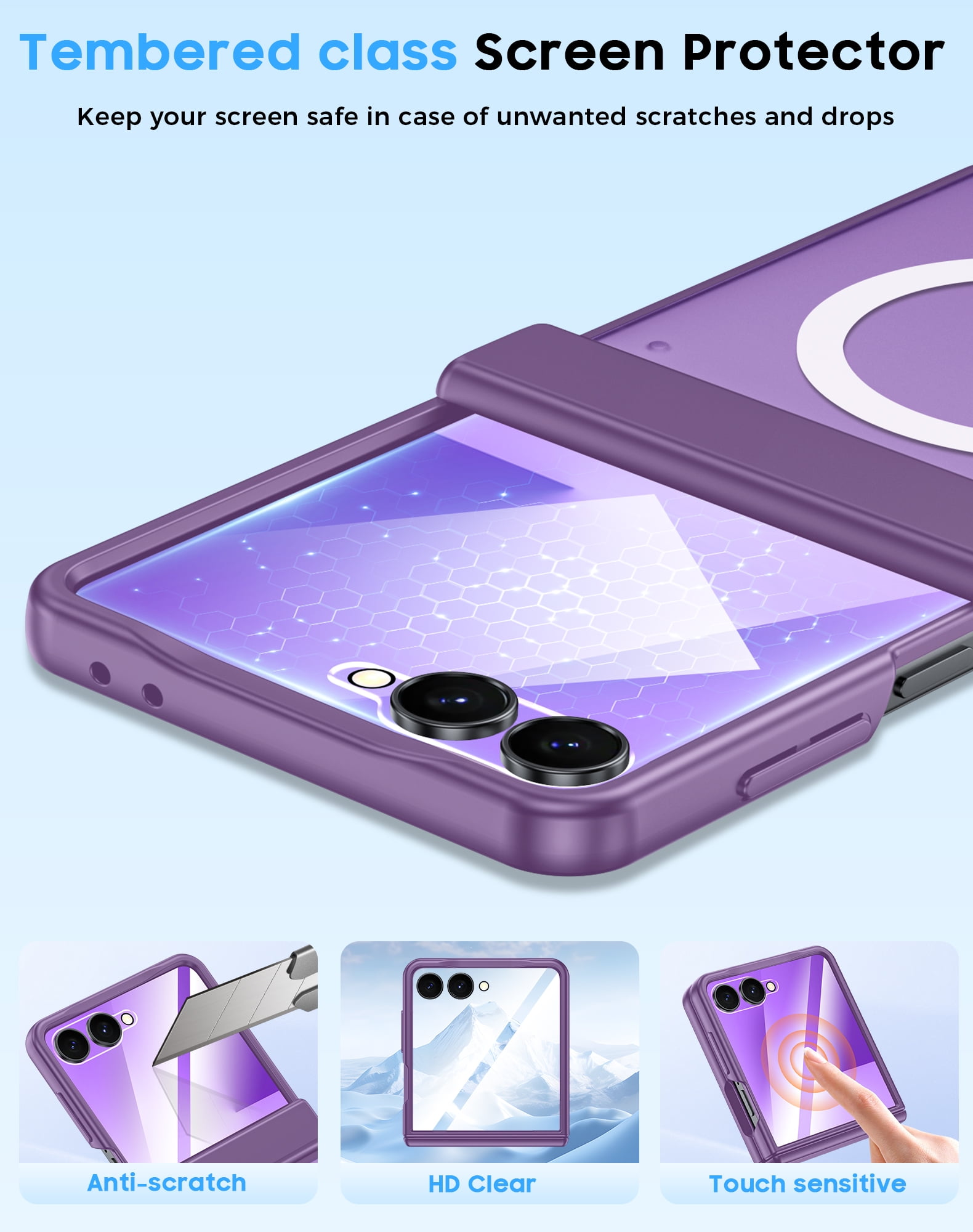 Oupeigar for Samsung Galaxy Z Flip 7 Phone Case,Compatible with MagSafe,Screen Protector,Anti-Fingerprint Translucent Matte Shockproof Case-Purple