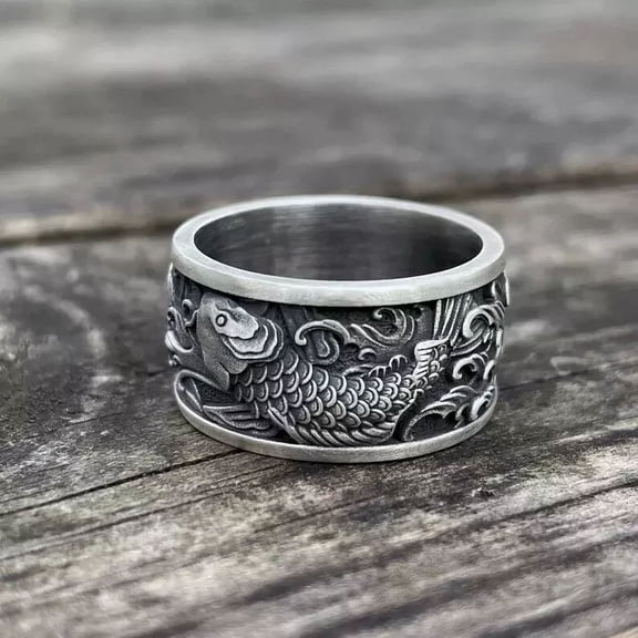 Japanese Koi Fish 925 Sterling Silver Wedding Ring for Men, Carp and Waves Ring