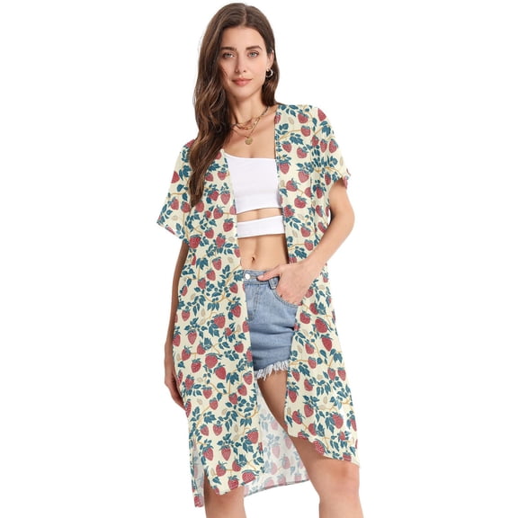 Beach Vacation Clothes Kimono Cardigan Loose Swimsuit Cover Up for Women Retro Strawberry and Leaves S