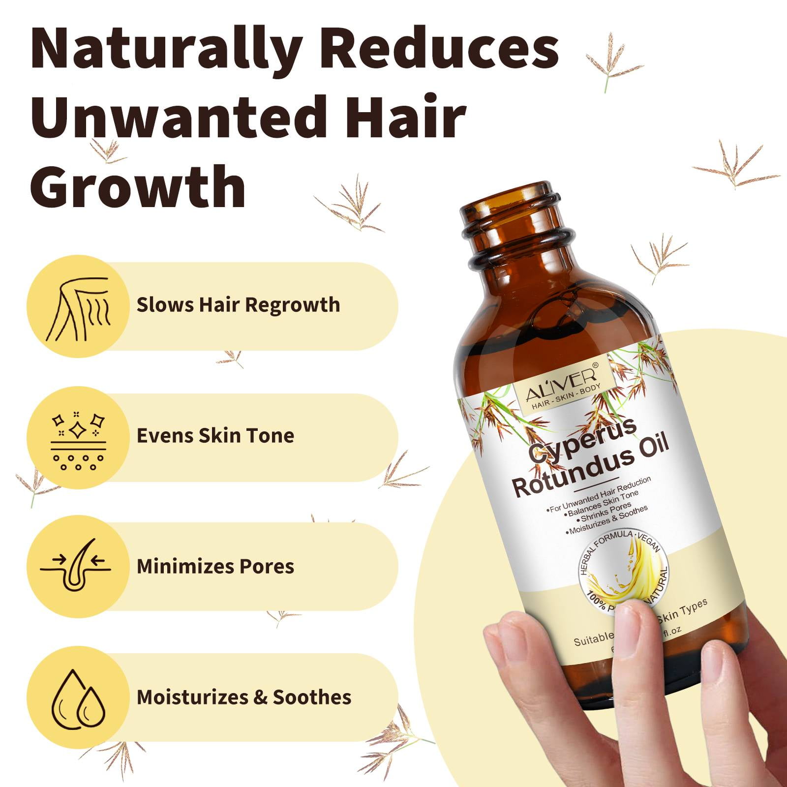 Aliver 100% Pure Cyperus Rotundus Oil for Hair Removal. Moisturizes, Soothes, Reduces Unwanted Hair. For All Skin Types. 2.02 fl oz