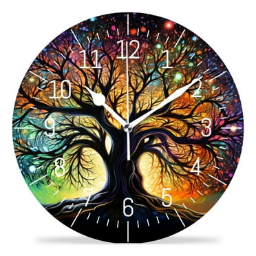 10 Inch Wall Clock Battery Operated Silent Clock Decorative for Office, Kitchen, Outdoor, Living Room，Colorful Graffiti Life Tree Lovely