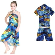 Matching Boy and Girl Siblings Hawaiian Luau Outfits in Sunset Red and Blue