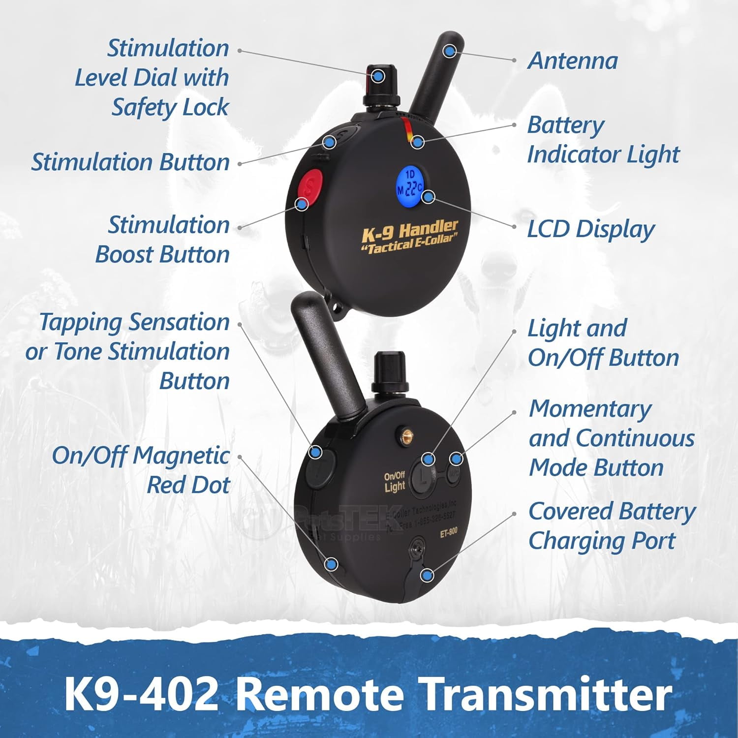Educator K9-402 Two Dogs K9 Handler Professional E-Collar Training Collar with Remote - Up to 3/4 Mile Range, Waterproof, Rechargeable, 100 Stimulation Levels, Vibration, Tone, 33-Inch Bungee Collar