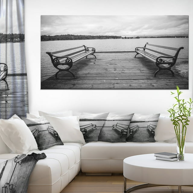 Benches on Bridge by Water Side - Bridge Canvas Art Print
