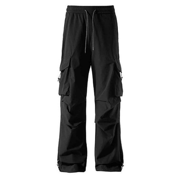 MELDVDIB Mens Cargo Pants Baggy Drawstring Waist Wide Leg Pant Fashion Casual Solid Color Work Trousers with Pockets Black 2XL